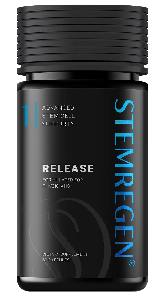 A black bottle of Stemregen Release, an advanced stem cell support dietary supplement with 60 capsules.