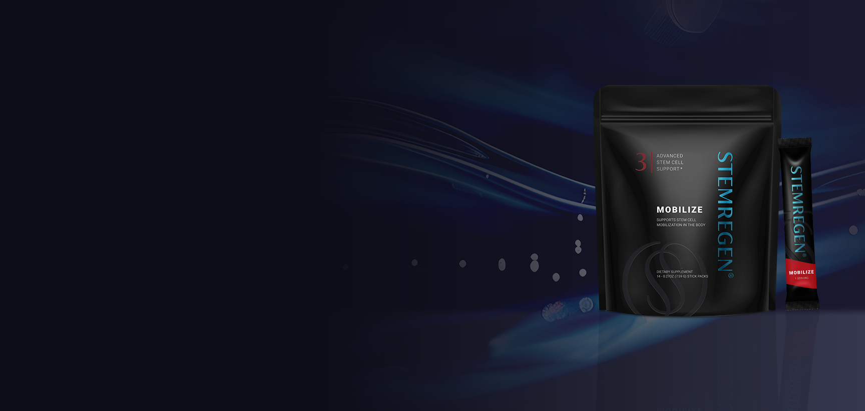 A black pouch and single-serving stick of STEMREGEN MOBILIZE supplement against an abstract dark blue background.