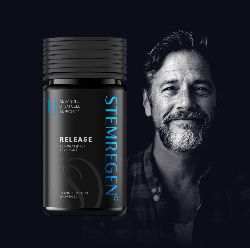 A bottle of Stemregen dietary supplement next to a black and white photo of a smiling middle-aged man.