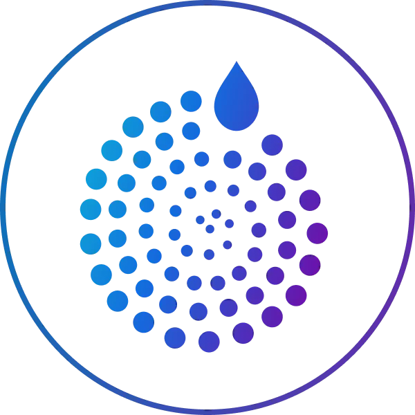Abstract circular pattern with blue and purple dots and a droplet at the top.