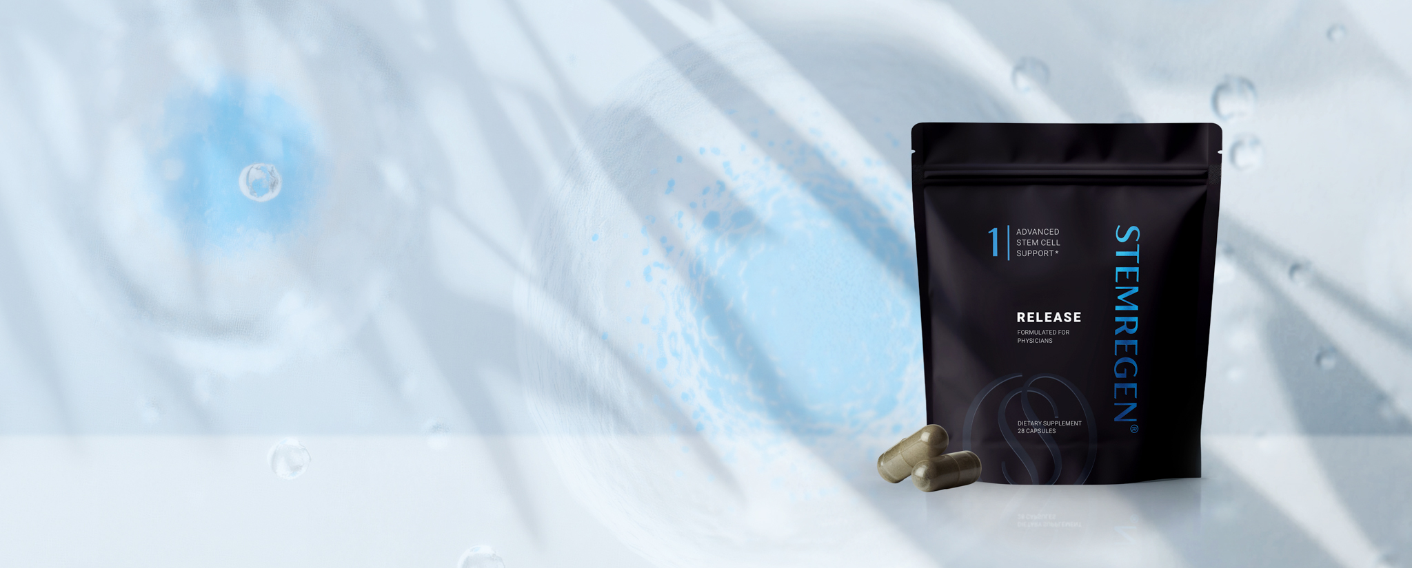 A black pouch of Stemregen dietary supplement with two capsules against an abstract blue and white background.