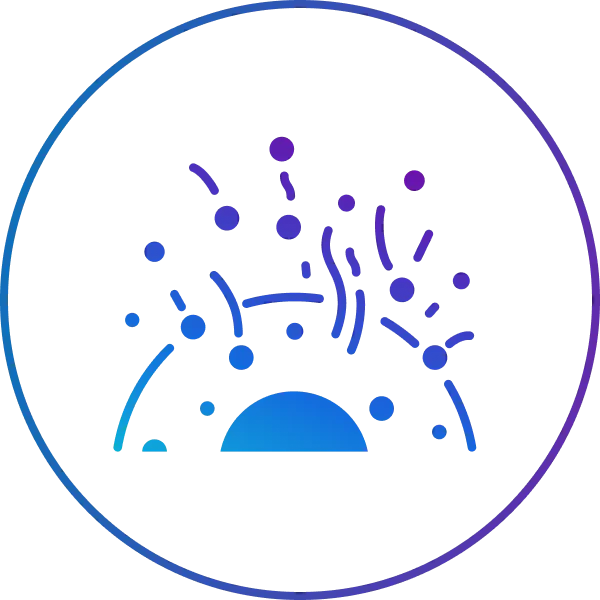 Abstract design with blue and purple dots and lines in a circle.