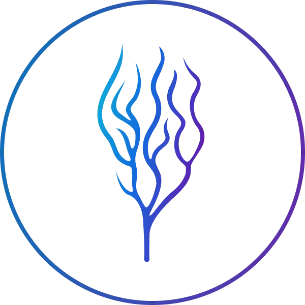 Abstract blue and purple tree-like design inside a circle.
