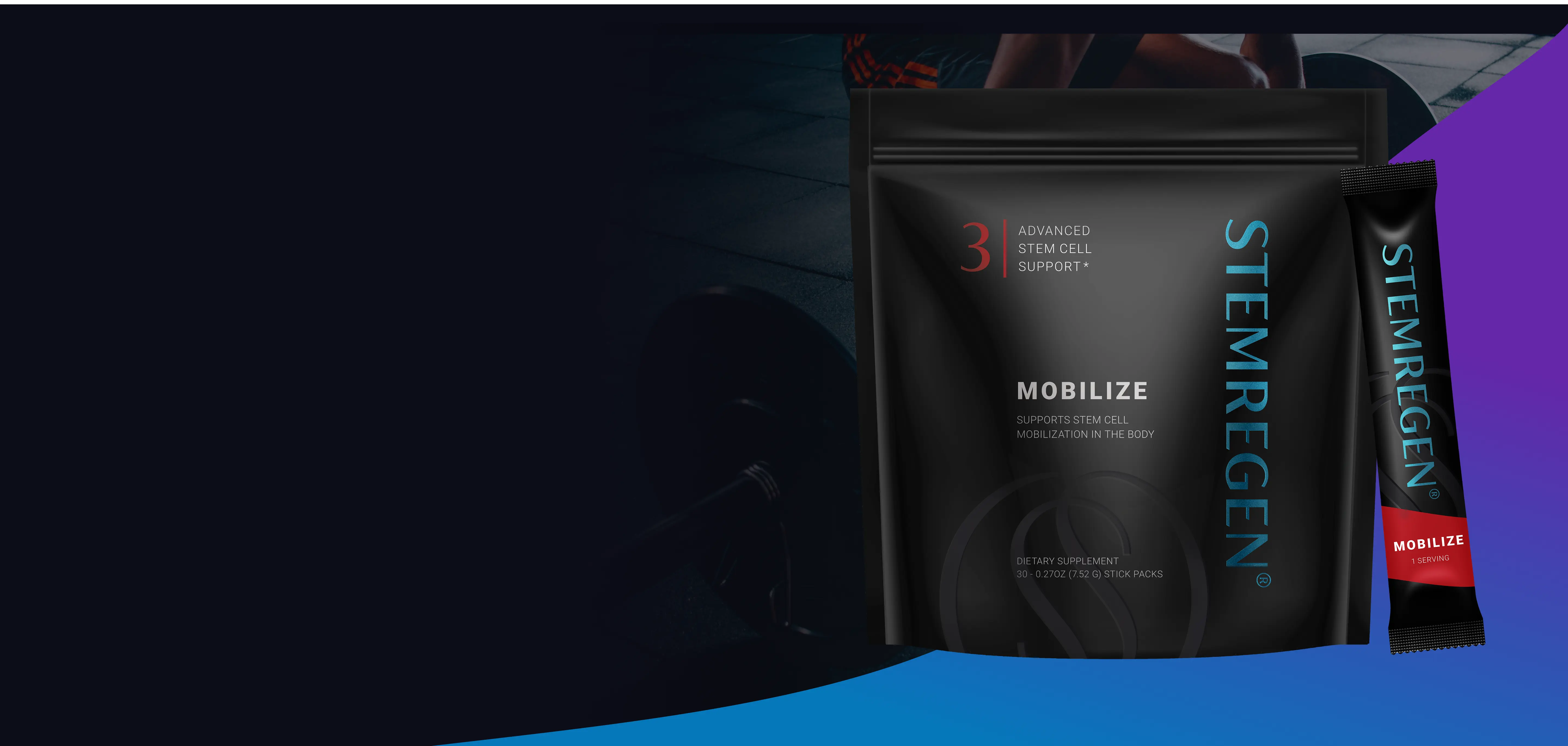 Black packaging of Stemregen dietary supplement with text about stem cell support.