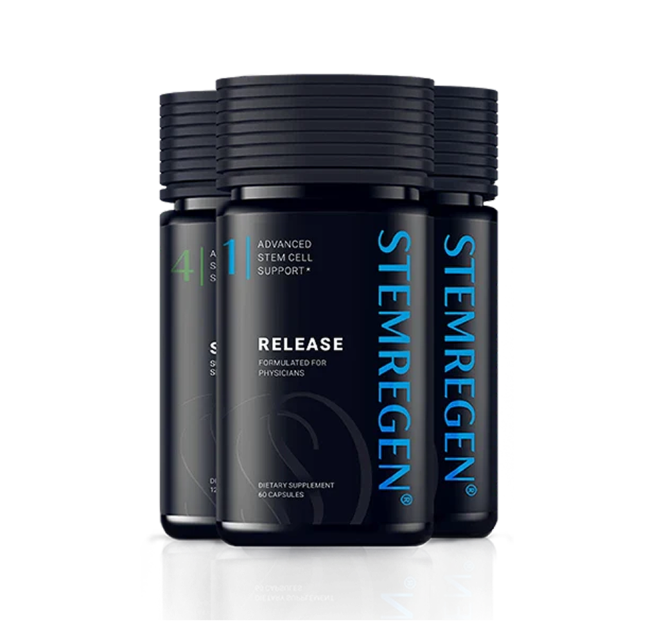 Three black bottles of Stemregen dietary supplement against a plain white background with a reflection below.