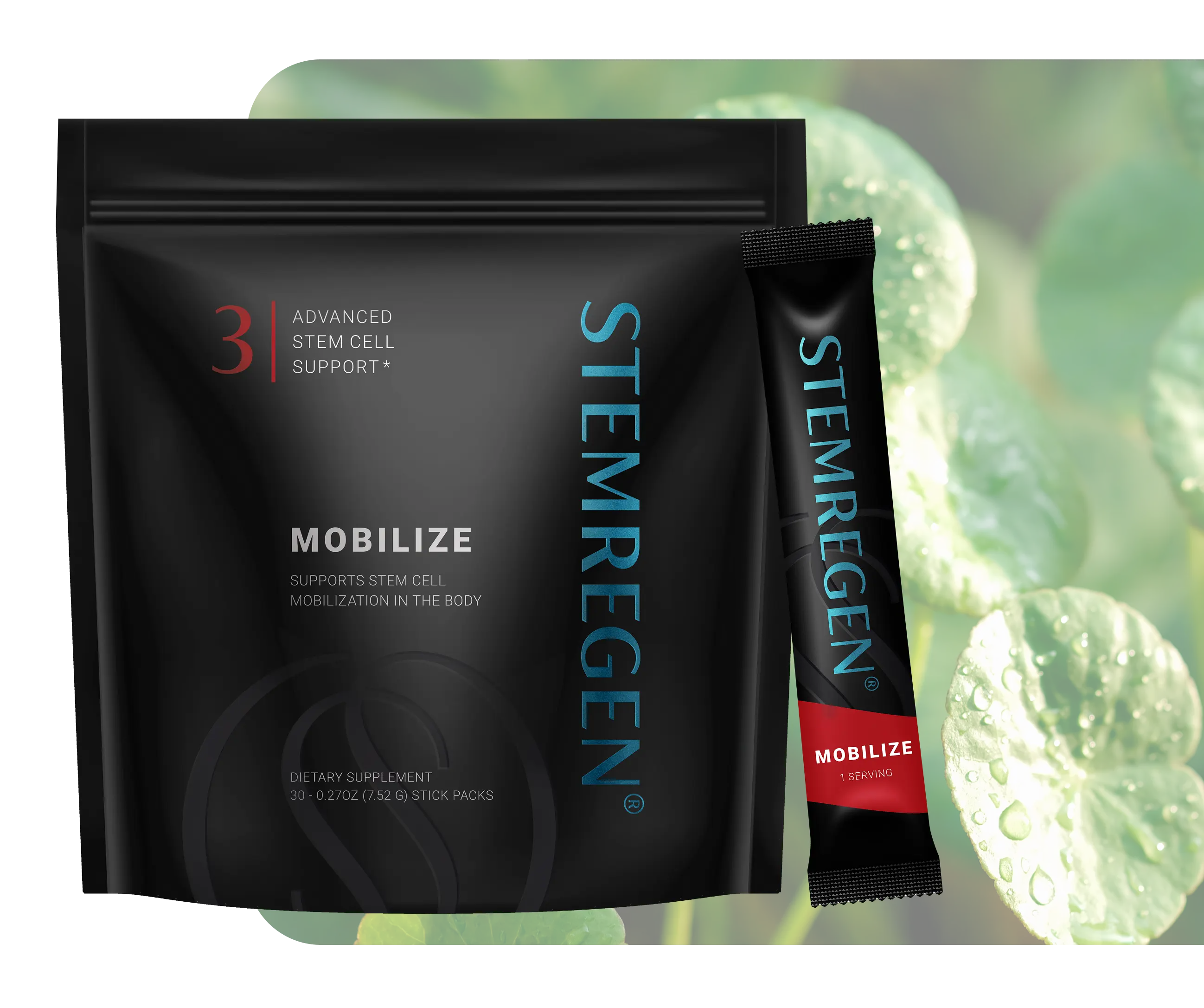 Black packaging of Stemregen dietary supplement with green leaves in the background.