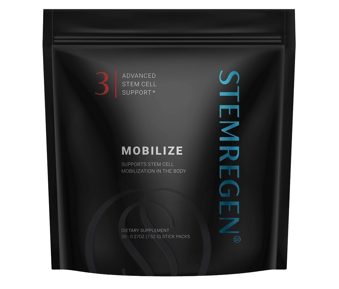 A black pouch of Stemregen Mobilize, an advanced stem cell support dietary supplement against a white background.