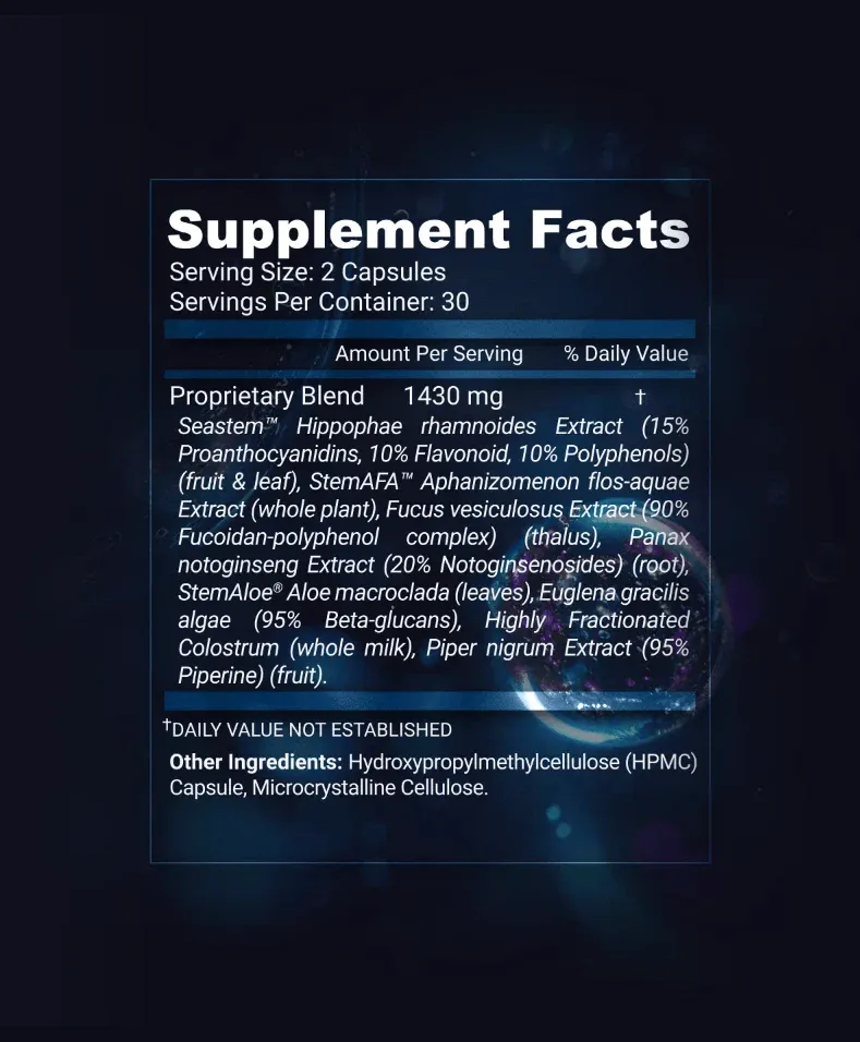 The supplement facts label for a proprietary blend, listing its ingredients on a dark background.