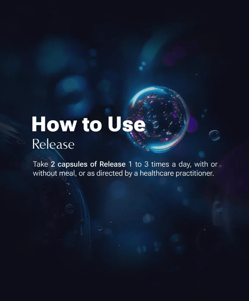 An informational graphic with instructions on how to use a product called Release against an abstract background.