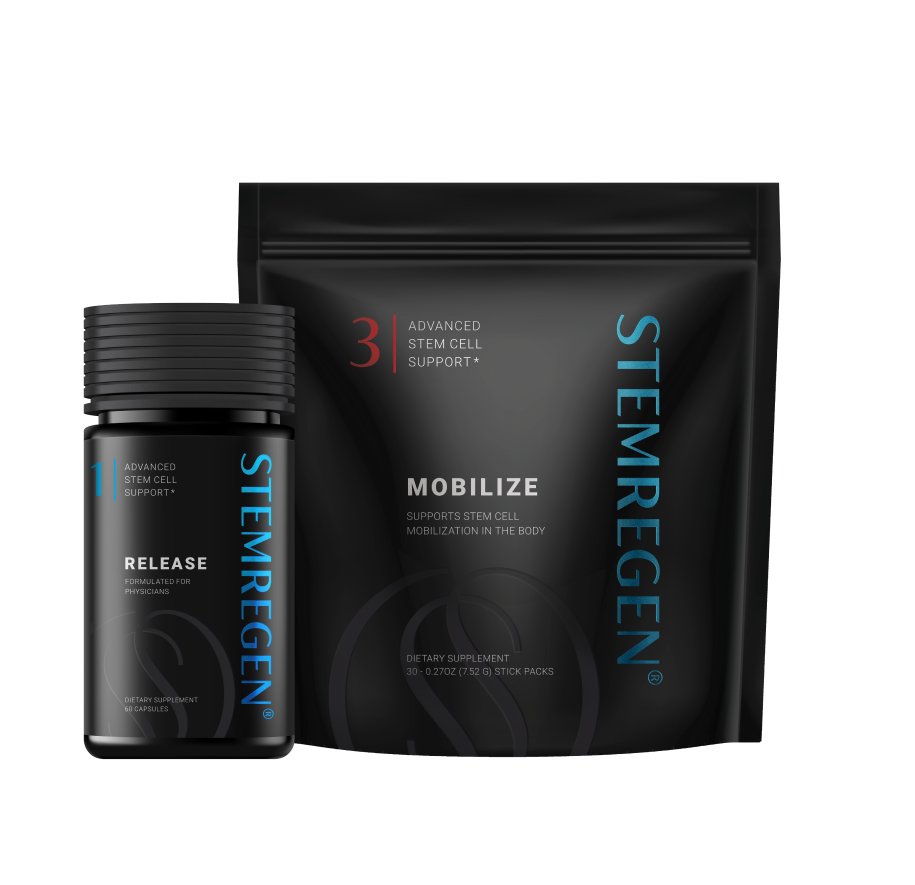 A black bottle of Stemregen Release capsules next to a black pouch of Stemregen Mobilize stick packs.