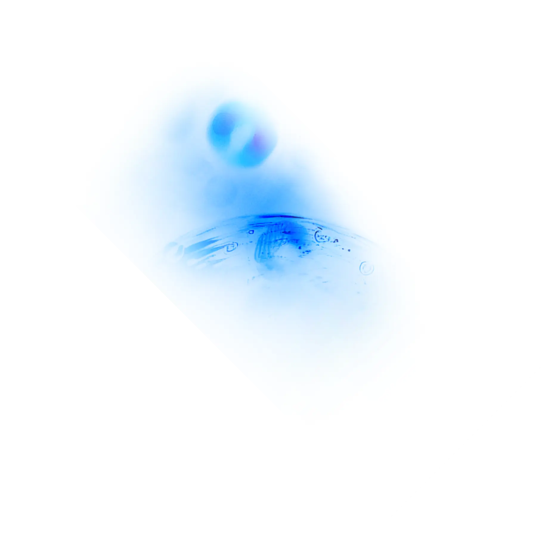 An abstract, soft-focus image of two blue orbs on a white background.