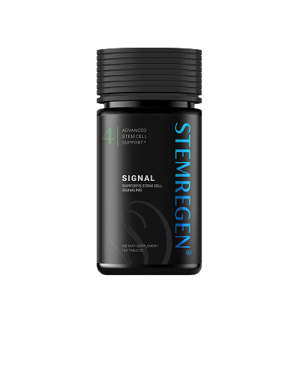 A black bottle of Stemregen Signal dietary supplement against a white background.