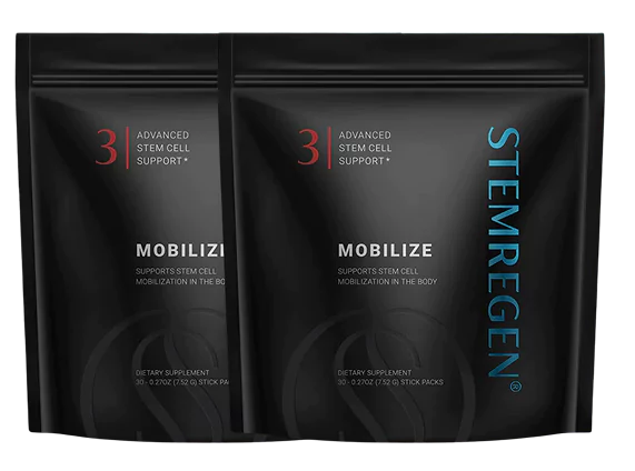 Two black packages labeled 'Stemregen Mobilize' dietary supplement.
