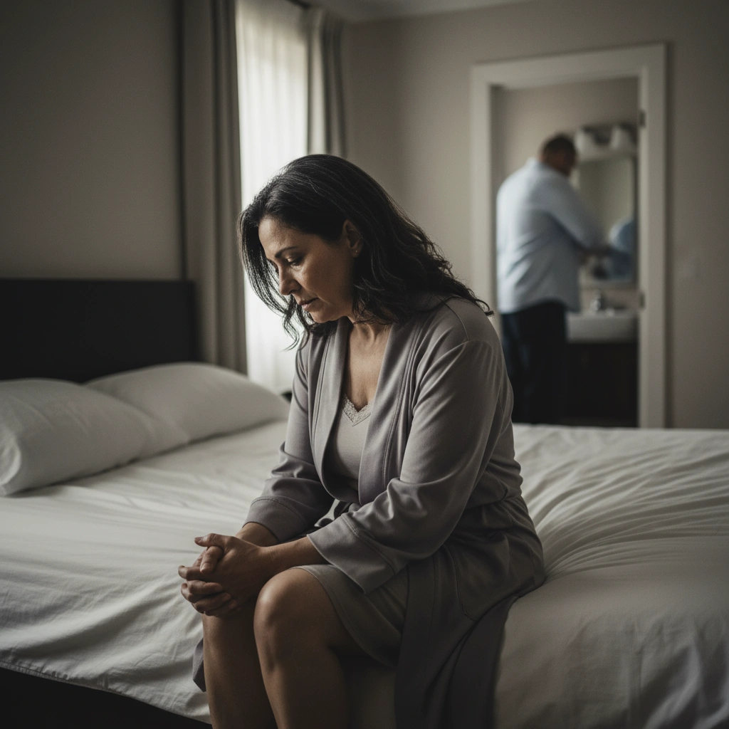 Woman sitting on bed, man in background standing near mirror.