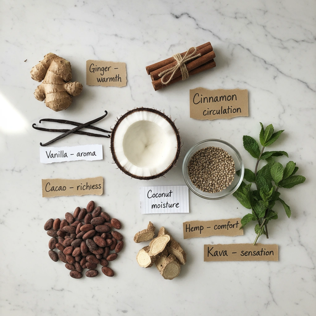 Ginger, cinnamon, vanilla, coconut, cacao, hemp, and mint with handwritten labels on a marble surface.
