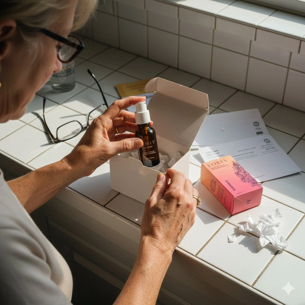 Person opening a box on a tiled counter, revealing a bottle of liquid product.