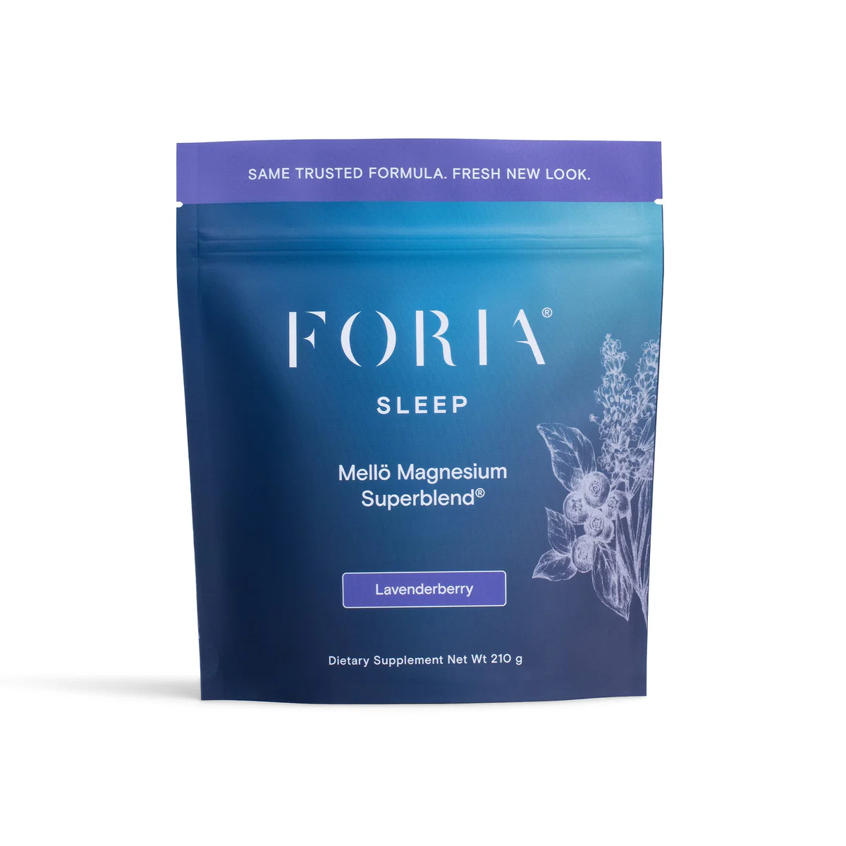 A blue and purple pouch of Foria Sleep Mellō Magnesium Superblend dietary supplement in Lavenderberry flavor.