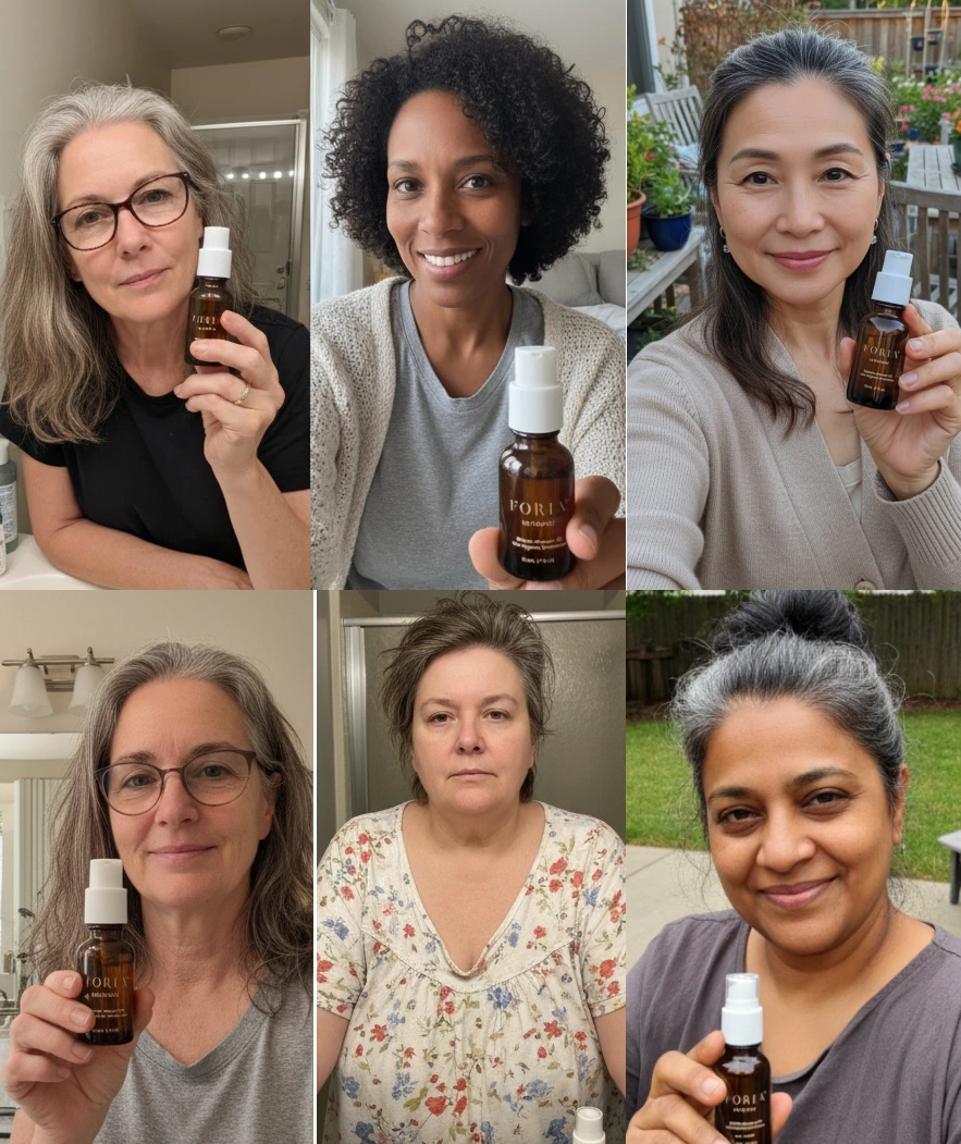 Six women holding brown bottles labeled 'Foria' in various indoor and outdoor settings.