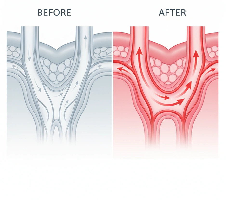 Diagram showing blood vessels before and after treatment with directional flow arrows.