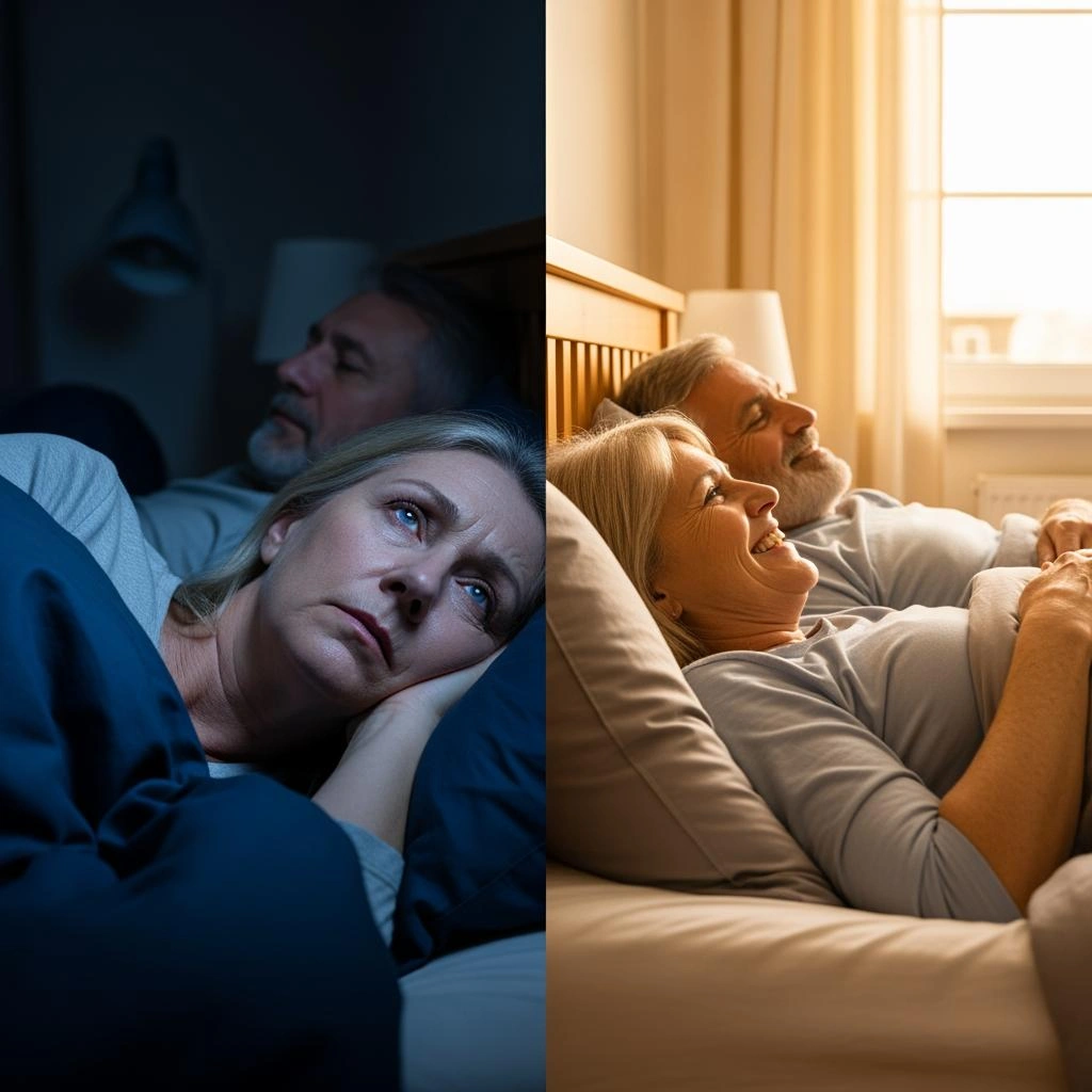Split image: woman awake at night, smiling in bed during daylight.