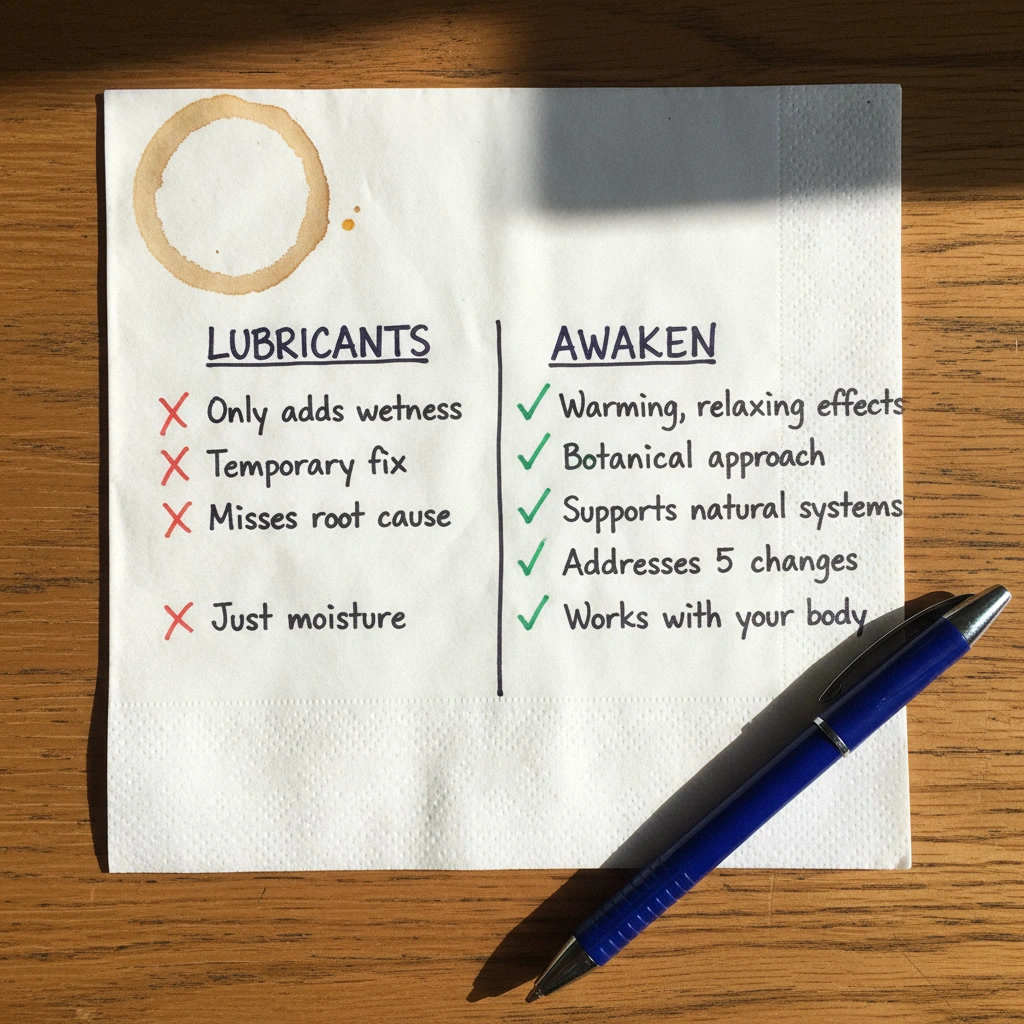 A napkin with pros and cons of lubricants and Awaken, next to a blue pen.