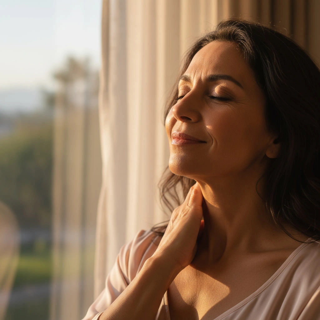 Woman enjoying sunlight by a window, eyes closed, hand on neck.