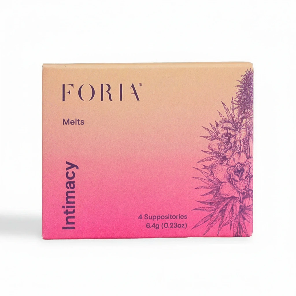 Box labeled 'Foria Intimacy Melts' with floral design on side.