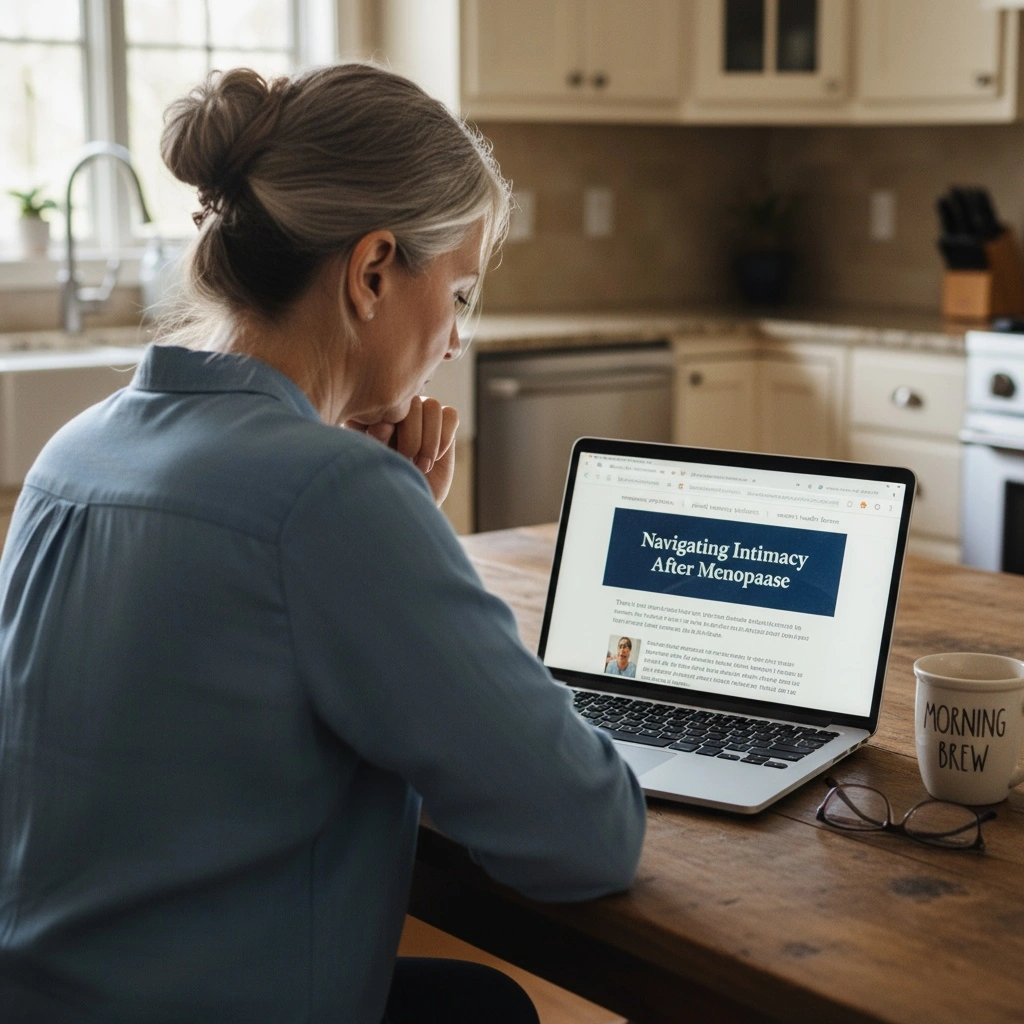 Person reading about intimacy post-menopause on a laptop in a kitchen.