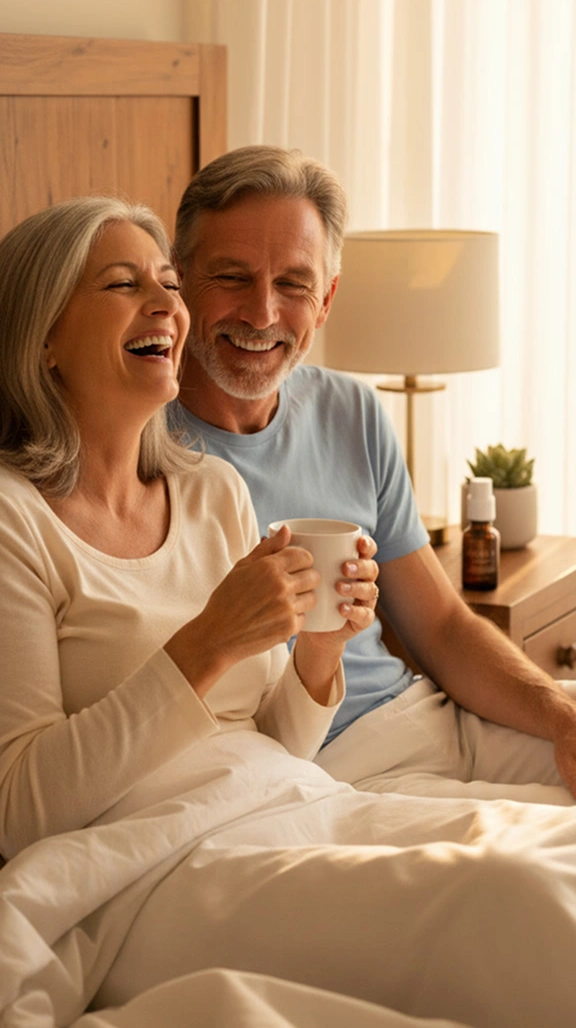Smiling couple sitting in bed, holding a mug, with a bedside lamp in background.
