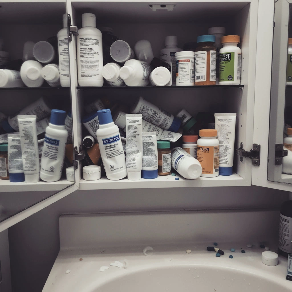 Bathroom cabinet cluttered with various bottles and pill containers.
