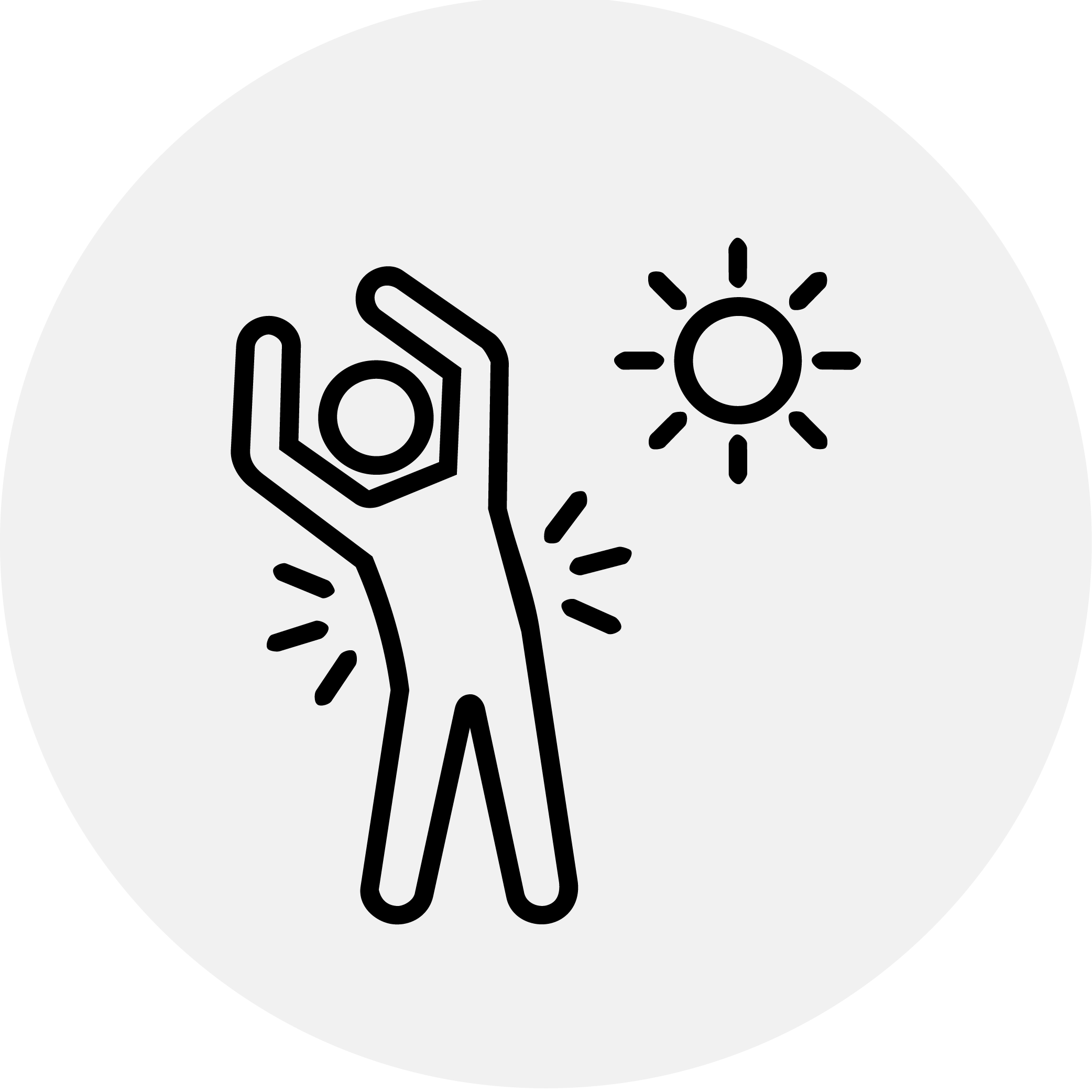 A line icon of a person with arms raised and lines on their back, next to a sun.