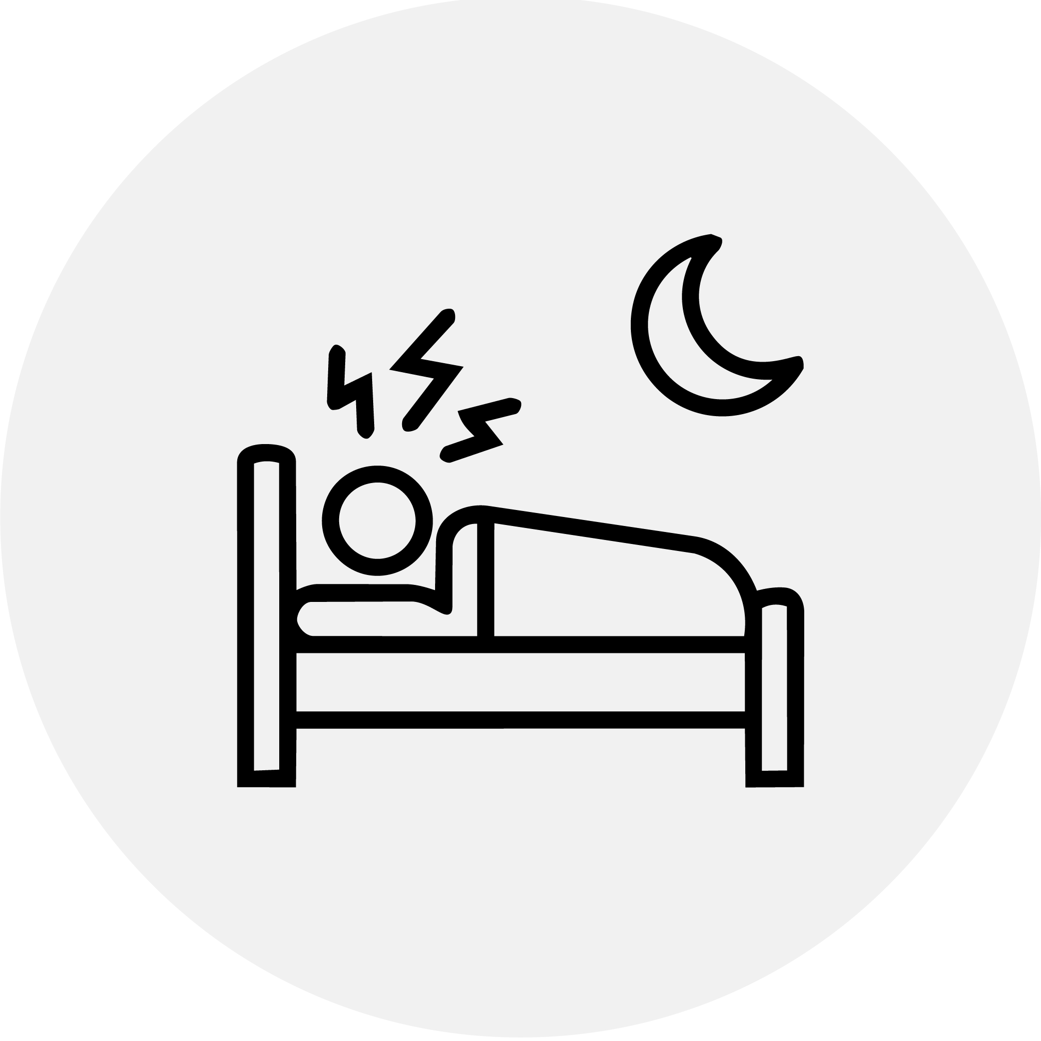 An icon of a person lying awake in bed at night, representing insomnia or restless sleep.