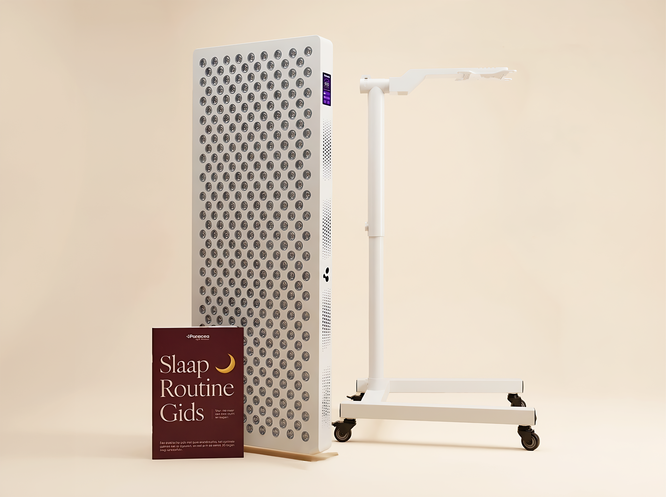 A large red light therapy panel on a mobile stand next to a book titled 'Slaap Routine Gids'.