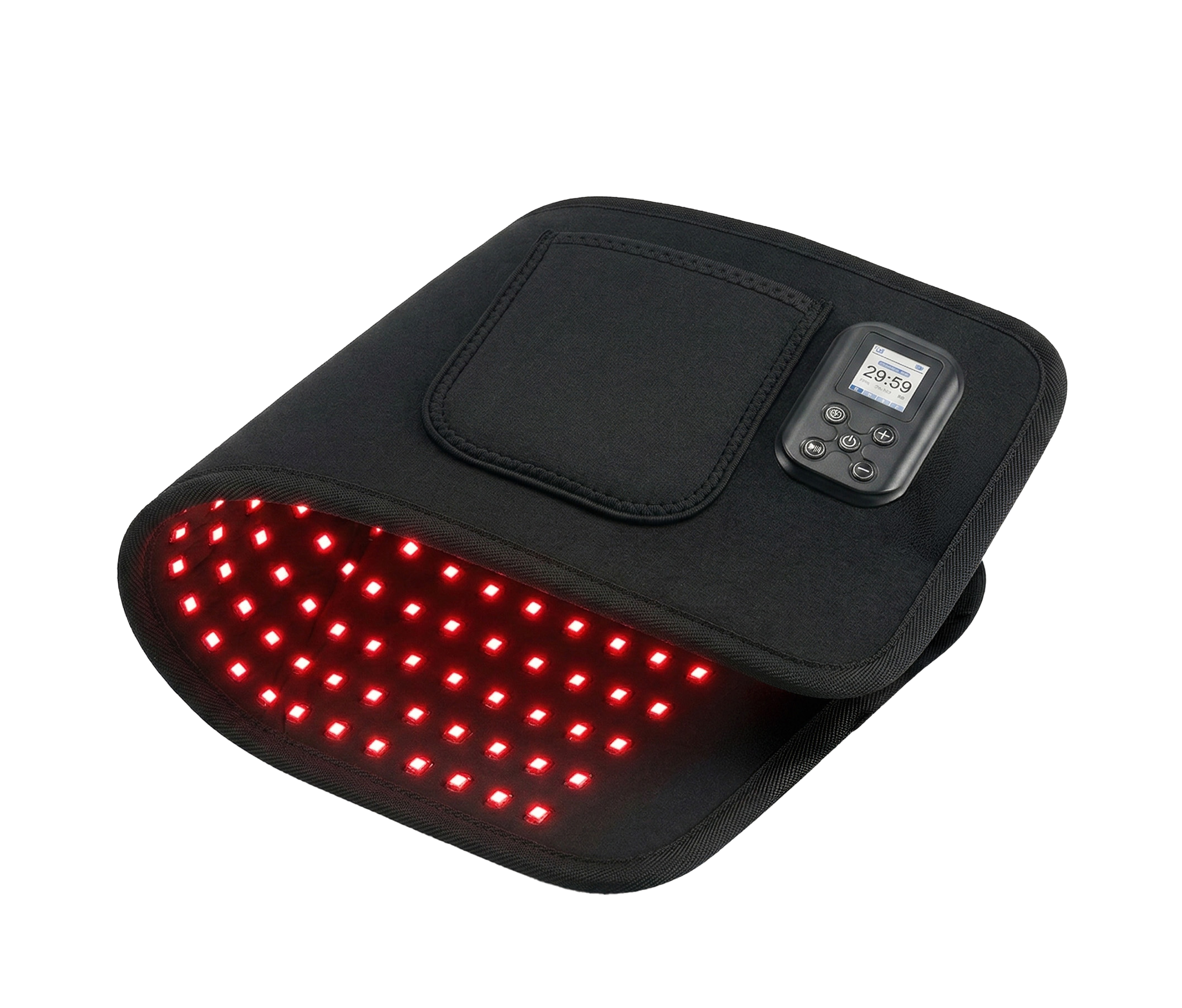 A black red light therapy pad with a grid of illuminated red lights and an attached digital controller.