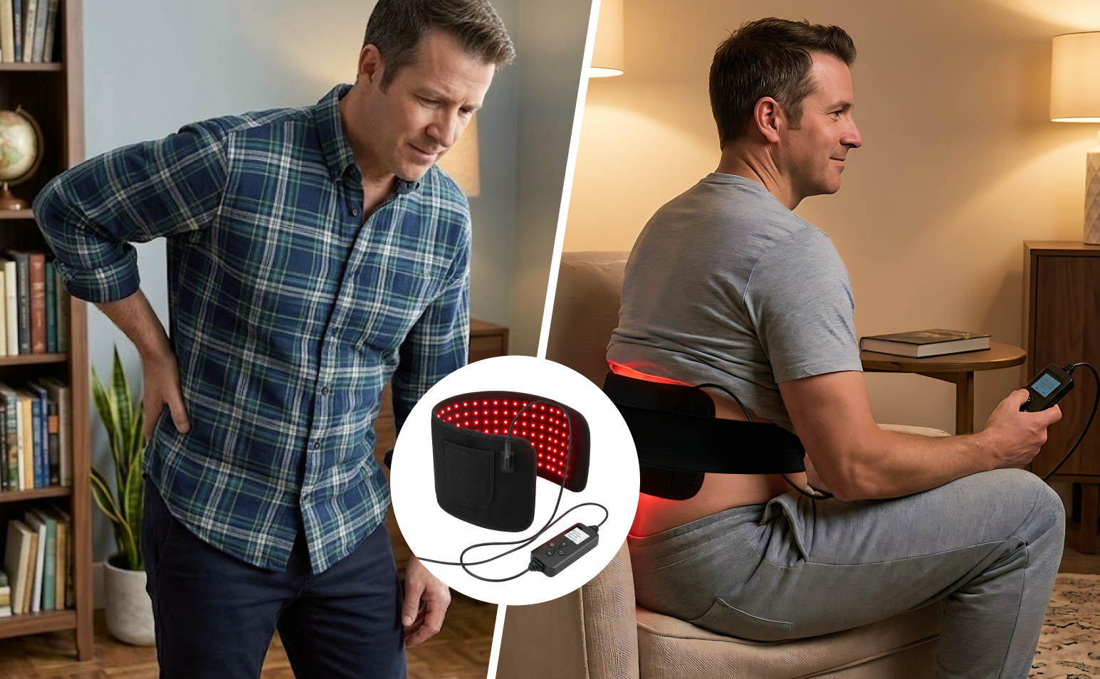 A split image showing a man with back pain and then using a red light therapy belt.