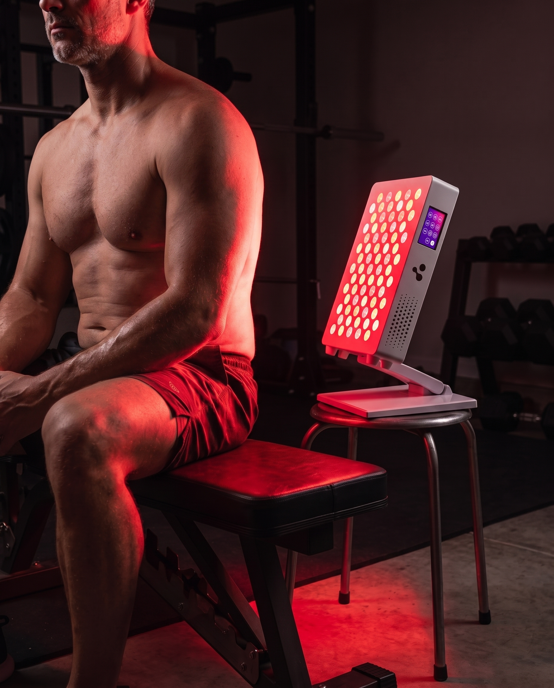 A split image showing a man with back pain and then using a red light therapy belt.