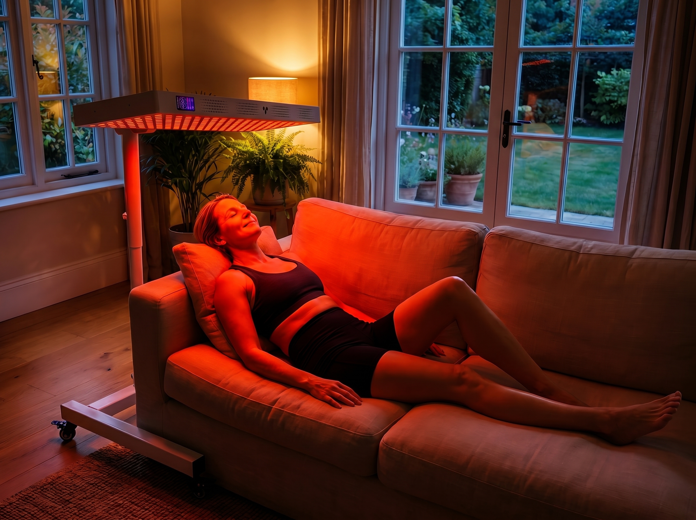 Vrouw ontspant thuis op de bank onder een Panacea full-body roodlichtpaneel
