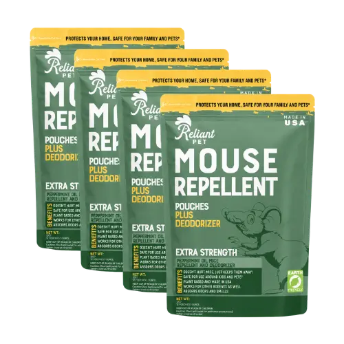 Four green and yellow pouches of Reliant Pet Mouse Repellent against a white background.