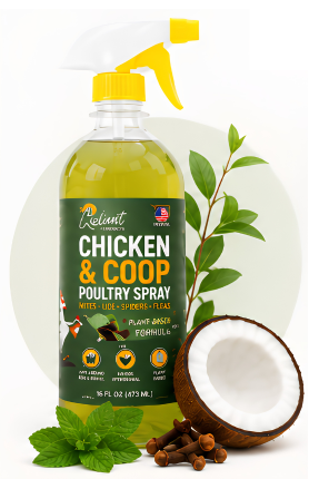 A bottle of Reliant Chicken & Coop Poultry Spray next to a coconut, mint leaves, and cloves.