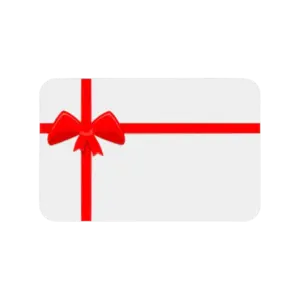 A white gift card with a red ribbon and bow wrapped around it.