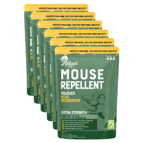 Six pouches of Reliant Pet Mouse Repellent against a white background.