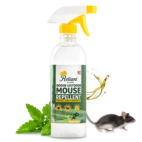 A spray bottle of Reliant Indoor Outdoor Mouse Repellent with a mouse and mint leaves.