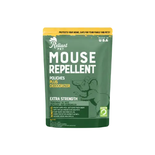 A green pouch of Reliant Pet Mouse Repellent Pouches Plus Deodorizer on a white background.