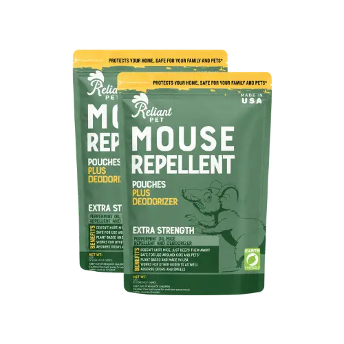 Two pouches of Reliant Pet Mouse Repellent Plus Deodorizer against a white background.