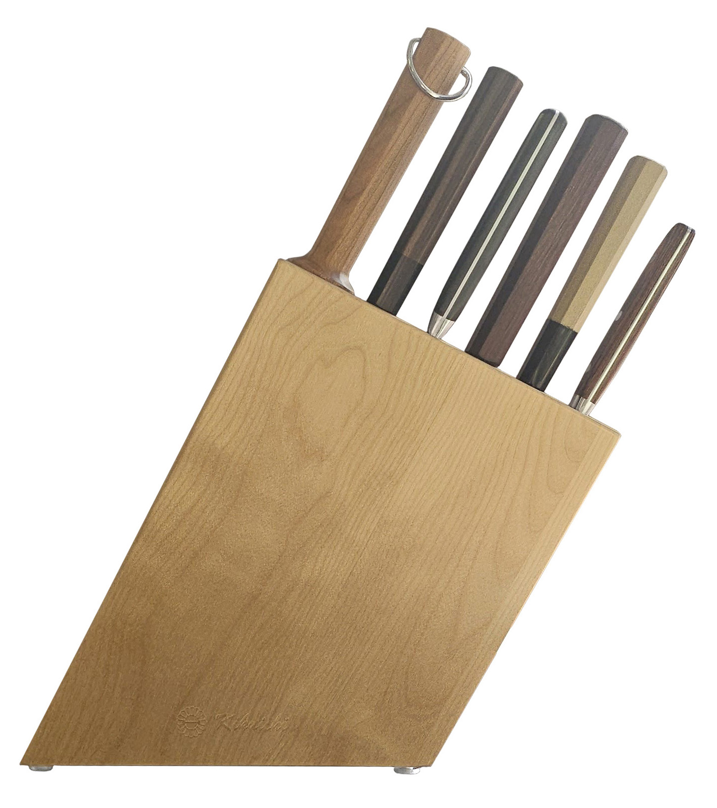 Wooden knife block with six knives of varying handle colors.