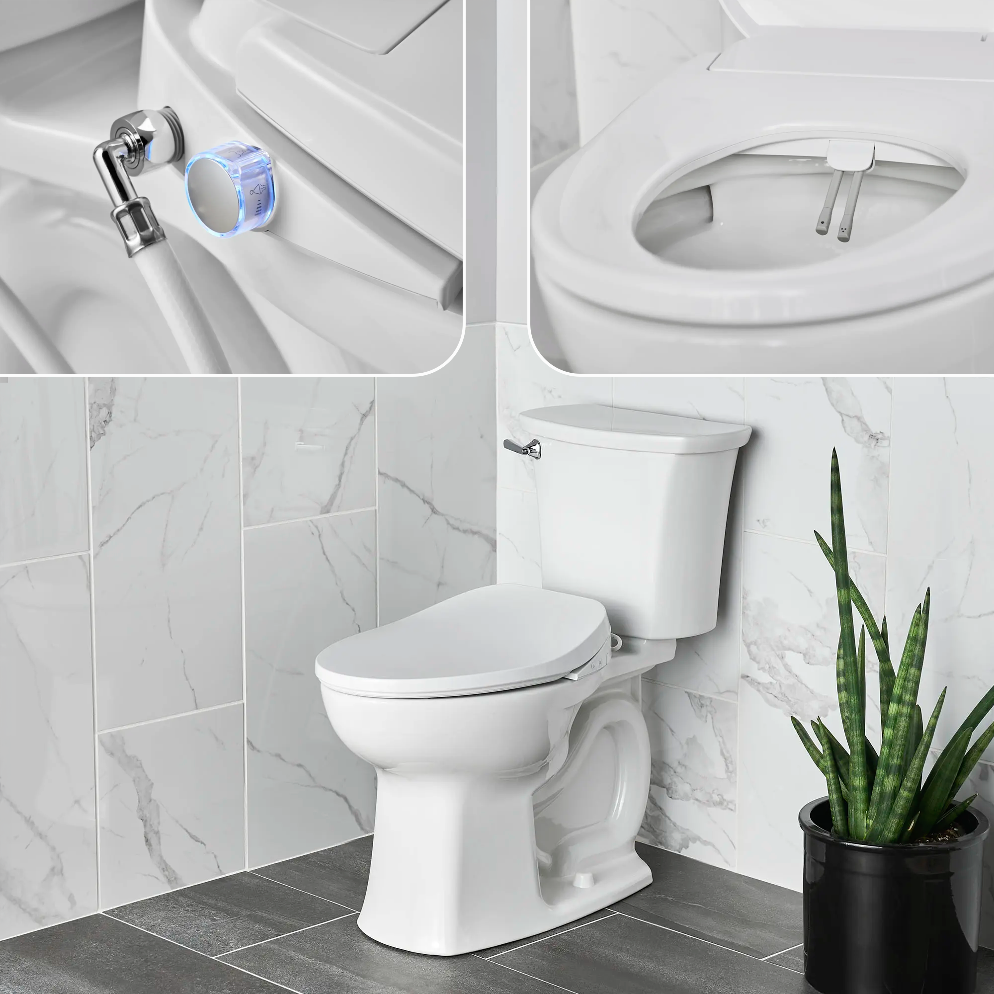 A collage of a white toilet with a bidet seat, showing close-ups of the nozzles and controls.