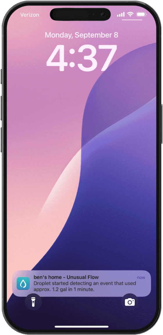 Smartphone displaying time, date, and an alert notification about unusual flow detected.