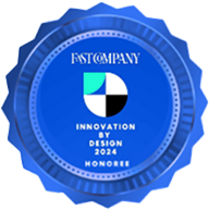 Blue digital badge labeled 'Innovation by Design 2024 Honoree' from Fast Company.