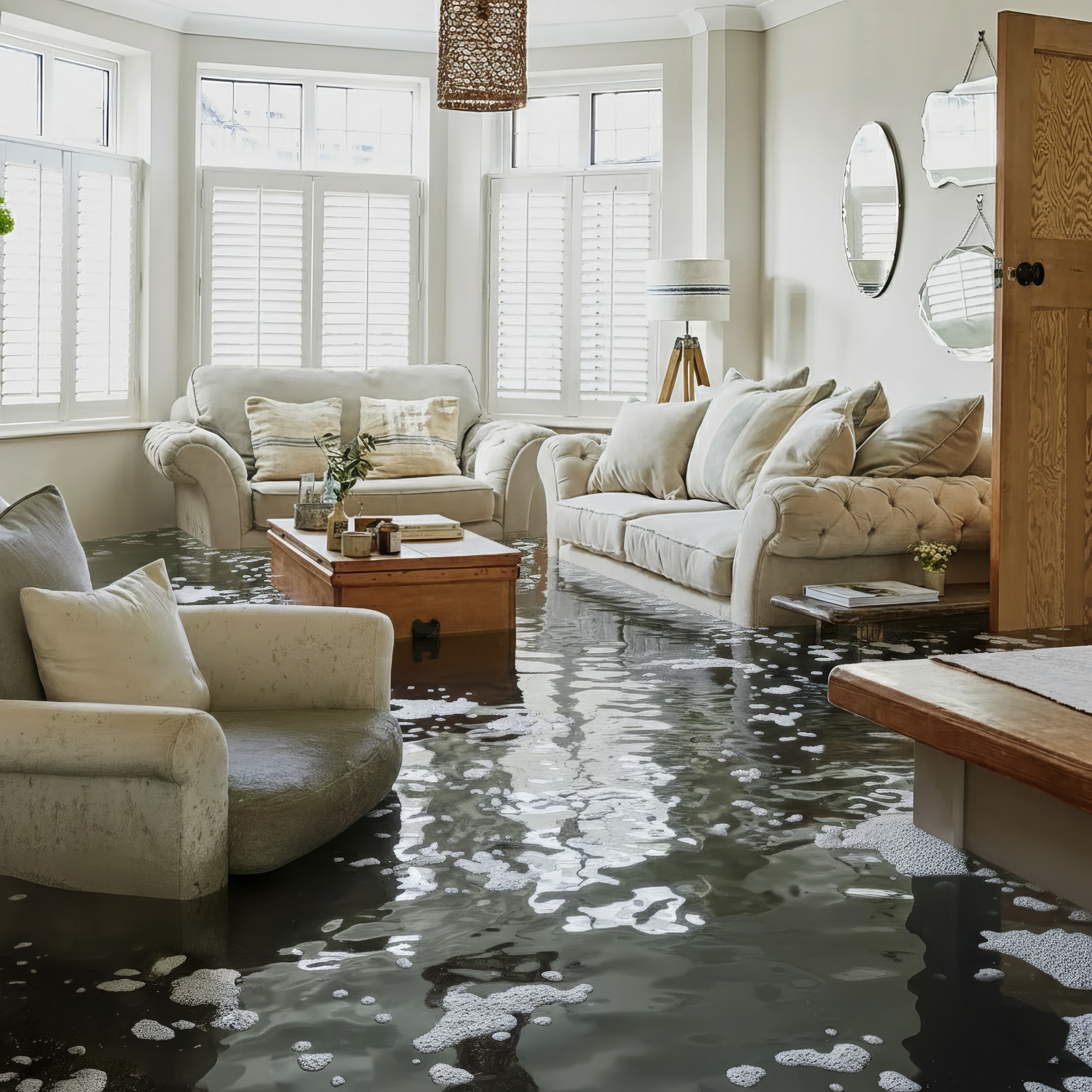 A nicely furnished living room filled with several inches of murky, floodwater.