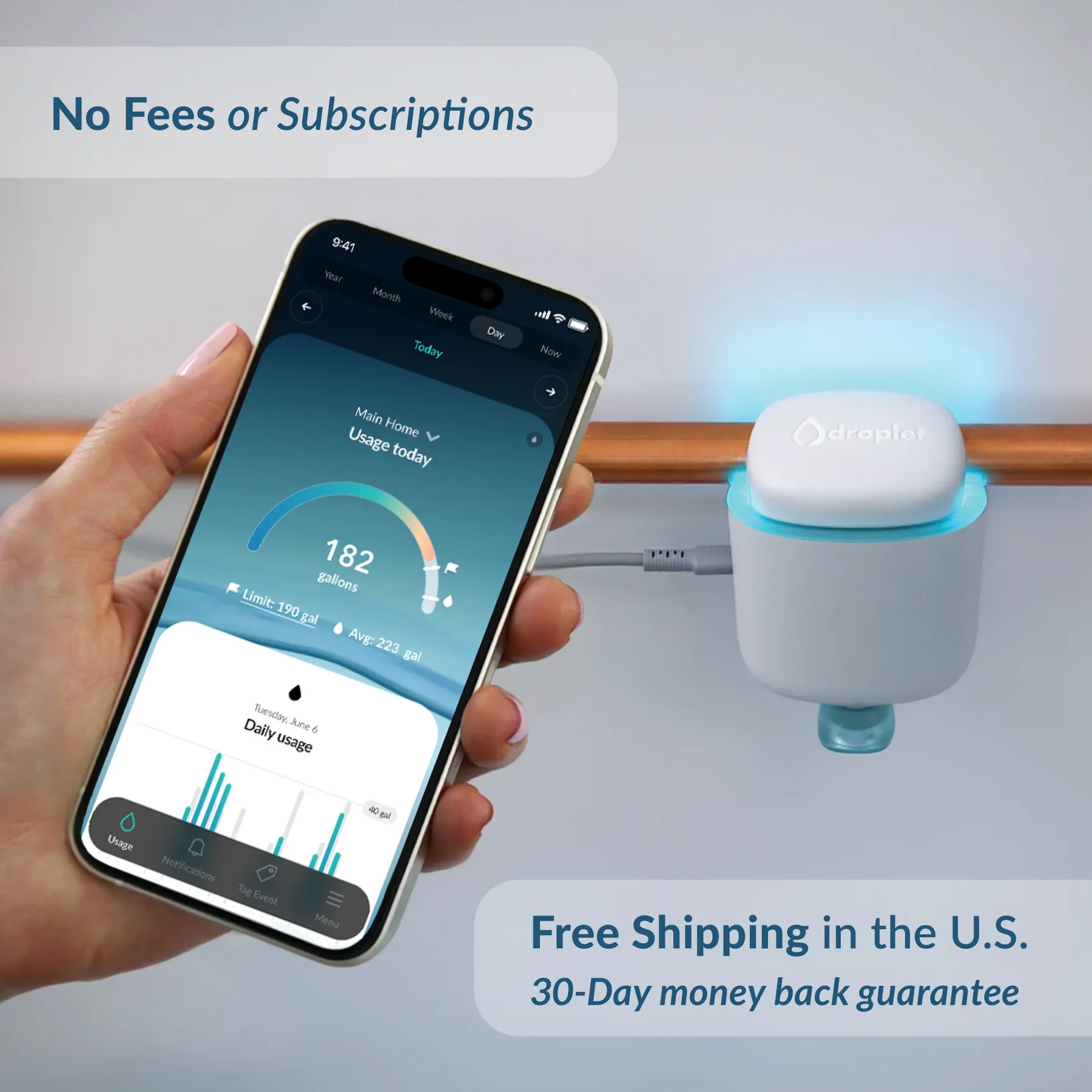 A smartphone displays water usage data from the glowing Droplet smart monitor attached to a copper pipe.